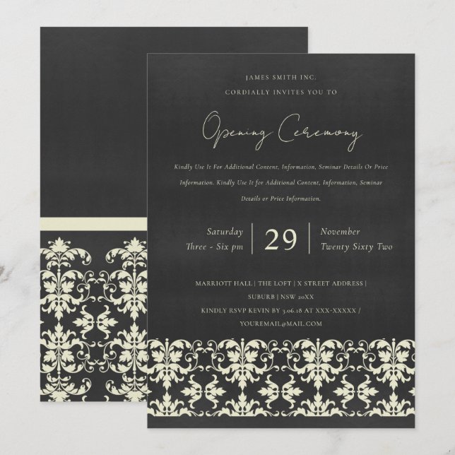 BLACK WHITE DAMASK CLASSIC GRAND OPENING CEREMONY INVITATION (Front/Back)