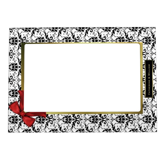 Black & White Damask Custom Wedding Photo Magnetic Picture Frame (Front)