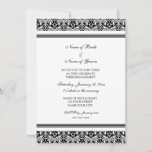 Black White Damask Engagement Party Invitations