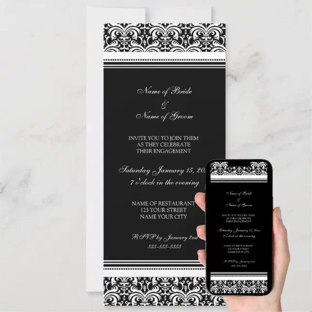 Black White Damask Engagement Party Invitations | Zazzle