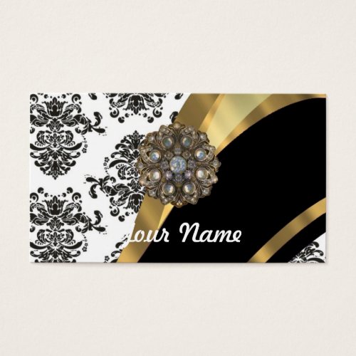 Black &amp; white damask, faux jewel business cards