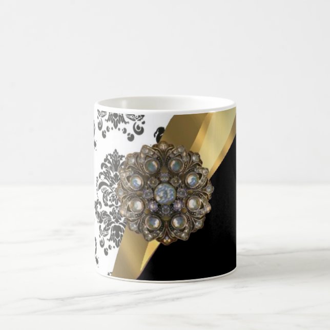 Black & white damask, faux jewel coffee mug (Center)