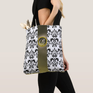 BLACK WHITE DAMASK FLORAL , GREY GEMSTONE MONOGRAM TOTE BAG