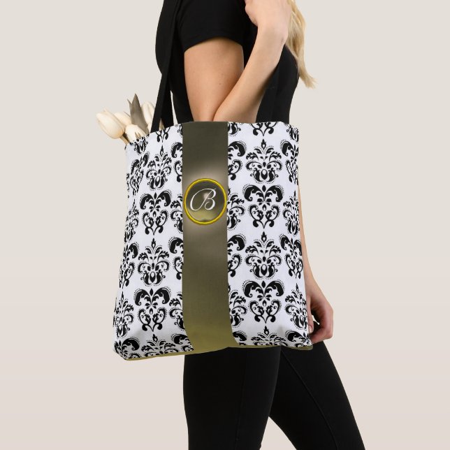 BLACK WHITE DAMASK FLORAL , GREY GEMSTONE MONOGRAM TOTE BAG (Close Up)