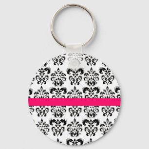 BLACK WHITE DAMASK FLORAL PINK FUCHSIA STRIPE KEYCHAIN