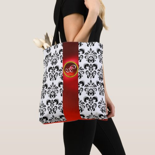 BLACK WHITE DAMASK FLORAL RED GEMSTONE MONOGRAM TOTE BAG