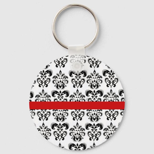 BLACK WHITE DAMASK FLORAL RED STRIPE KEYCHAIN (Front)