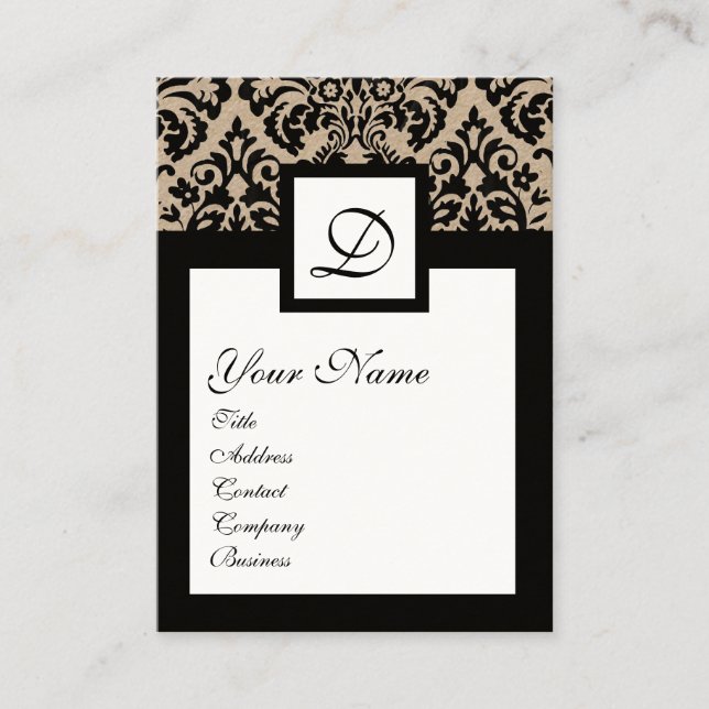 BLACK WHITE DAMASK FLORAL SQUARE MONOGRAM Kraft Business Card (Front)