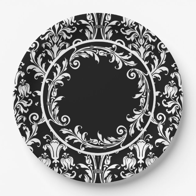 Black White Damask Floral Swirls Personalize Paper Plates (Front)