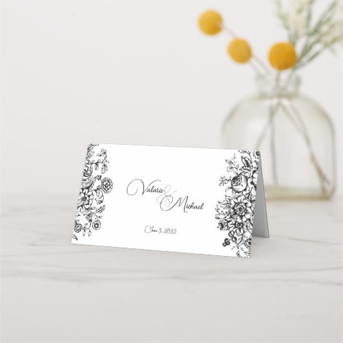 Black White Damask Floral Toile Place Card