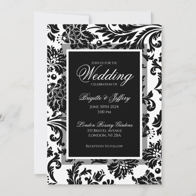 Black & white damask formal custom wedding  invitation (Front)