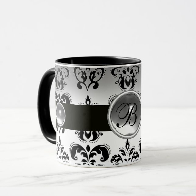 BLACK WHITE DAMASK GEMSTONE MONOGRAM MUG (Front Left)