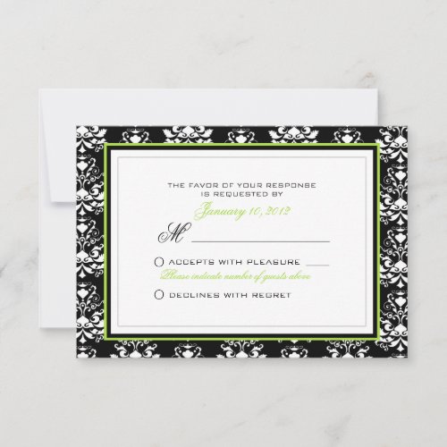 Black &amp; White Damask Green Accent RSVP Custom