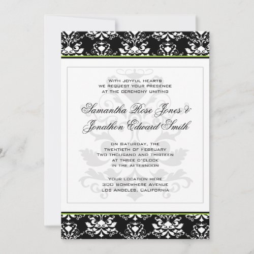 Black &amp; White Damask Green Accent Wedding Invite