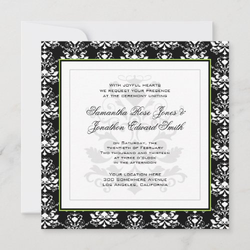 Black &amp; White Damask Green Photo Wedding Invite