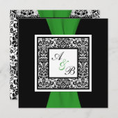Black, White Damask Green PRINTED RIBBON Invitation (Front/Back)