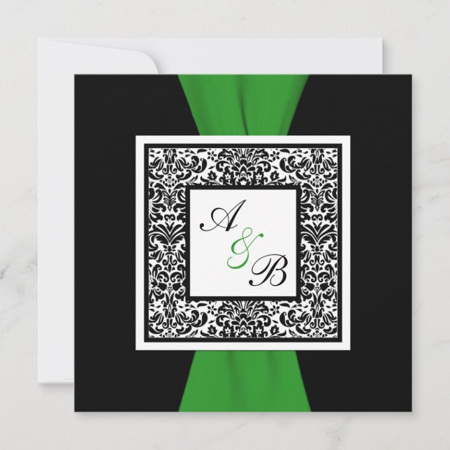 Black, White Damask Green PRINTED RIBBON Invitation (Front)