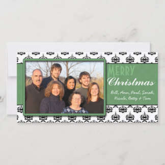 Black & White Damask Green Trim Merry Christmas Holiday Card