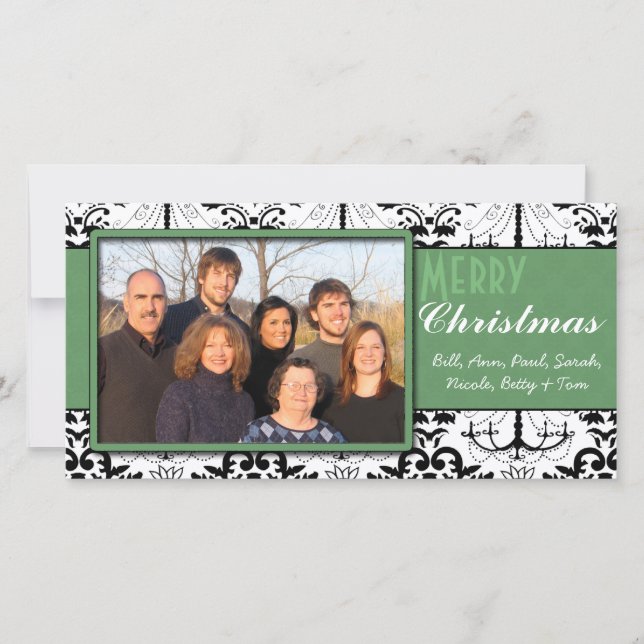 Black & White Damask Green Trim Merry Christmas Holiday Card (Front)