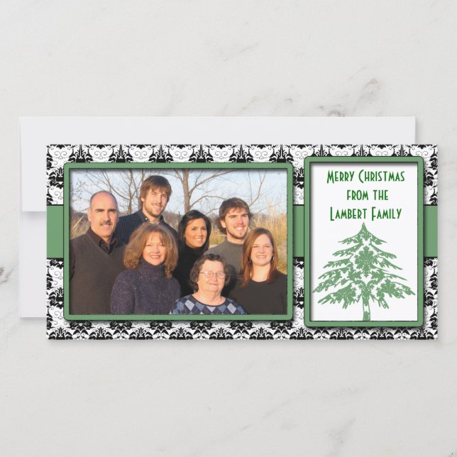 Black & White Damask GreenTree Merry Christmas Holiday Card (Front)