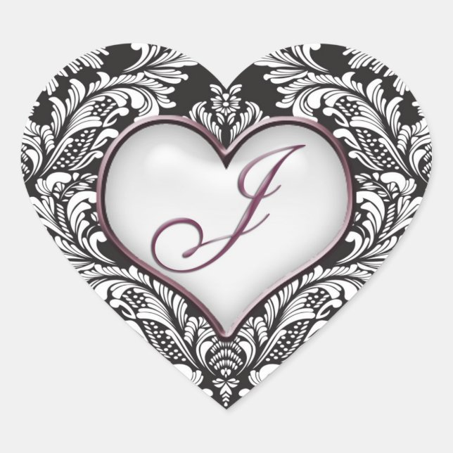 Black white damask heart Monogram letter J Sticker (Front)