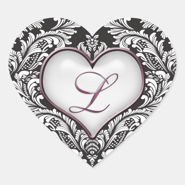 Black white damask heart Monogram letter L Sticker (Front)