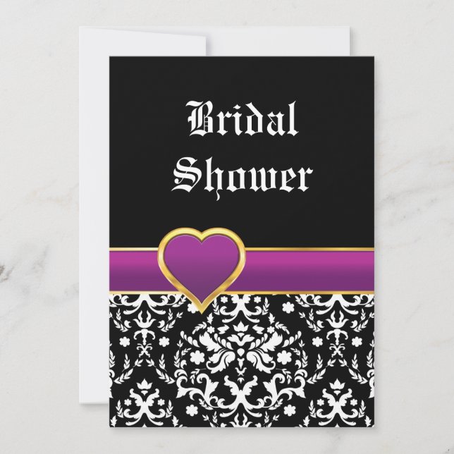 Black white damask heart wedding bridal shower invitation (Front)