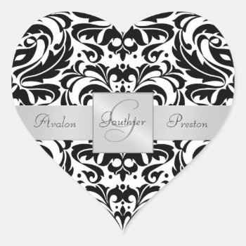 Black & White Damask Heart Wedding Sticker by theedgeweddings at Zazzle
