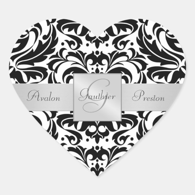Black & White Damask Heart Wedding Sticker (Front)