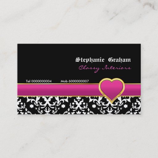 Customizable Black white damask hot pink heart business card