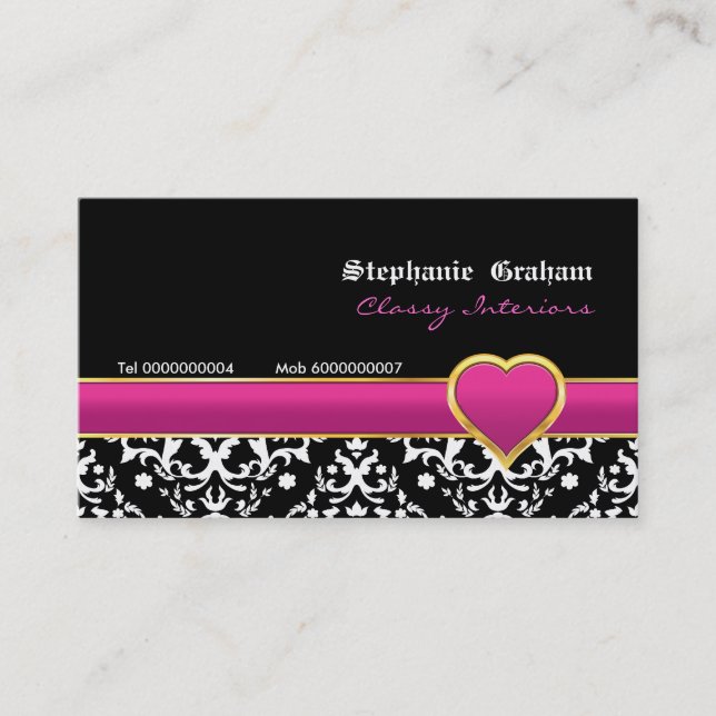 Black white damask hot pink heart business card (Front)