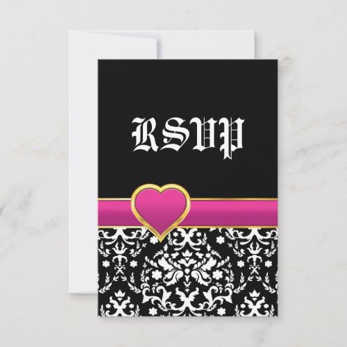 Black white damask hot pink heart wedding RSVP