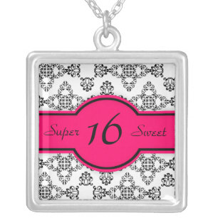 Black White Damask Hot Pink Sweet 16 Necklace