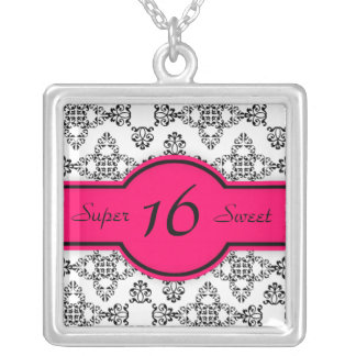 Black White Damask Hot Pink Sweet 16 Necklace