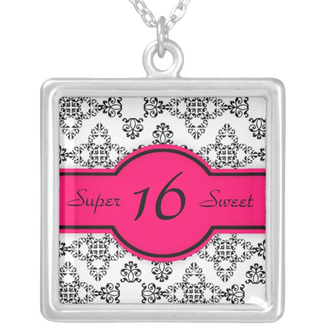 Black White Damask Hot Pink Sweet 16 Necklace (Front)