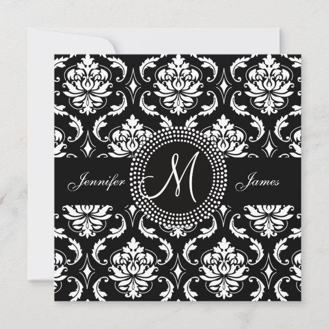 Black White Damask Initial Wedding Invitations (Front)