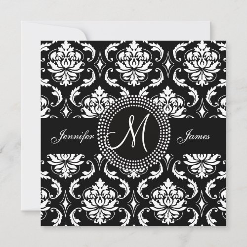 Black White Damask Initial Wedding Invitations