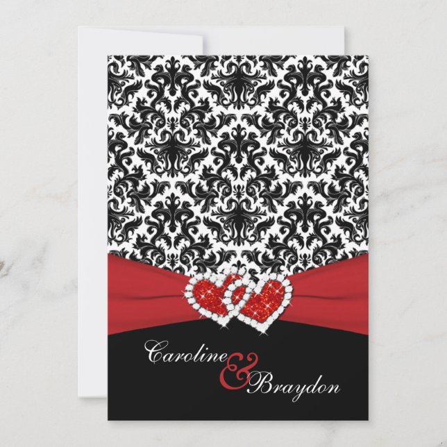 Black, White Damask, Joined Hearts Wedding Invite (Front)