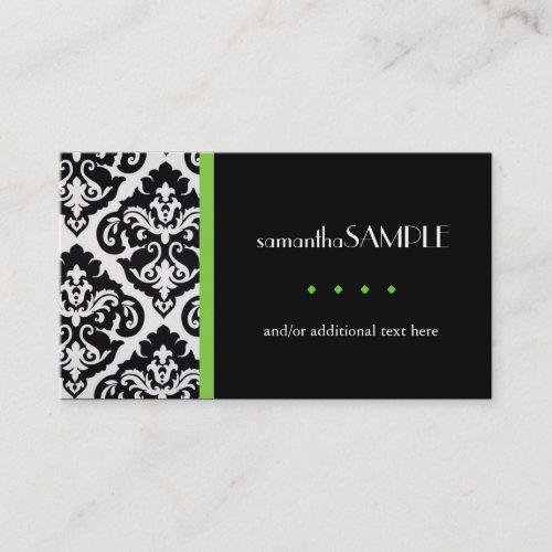Black &amp; White Damask, Key Lime Business Cards