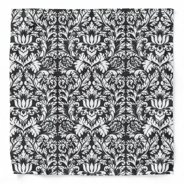 Black White Damask Lace Brocade Bandana (Front)