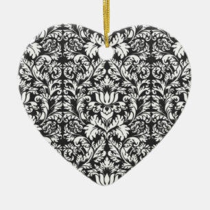 Black White Damask Lace Brocade Ceramic Ornament