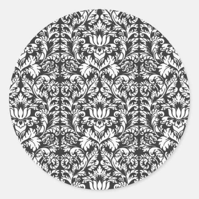 Black White Damask Lace Brocade Classic Round Sticker (Front)