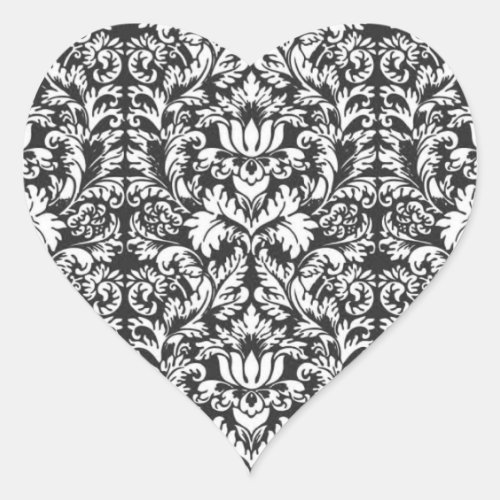 Black White Damask Lace Brocade Heart Sticker