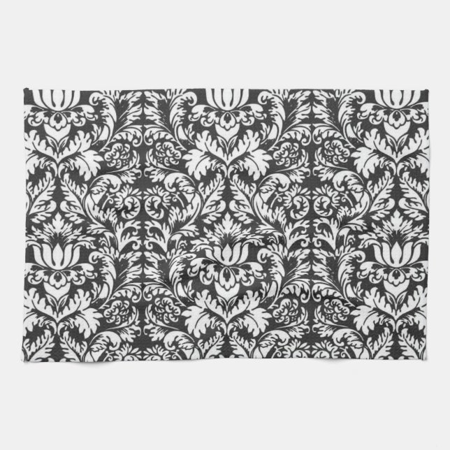 Black White Damask Lace Brocade Kitchen Towel (Horizontal)