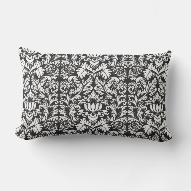 Black White Damask Lace Brocade Lumbar Pillow (Front)