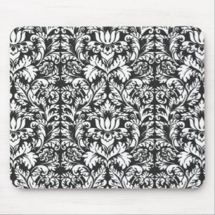 Black White Damask Lace Brocade Mouse Pad