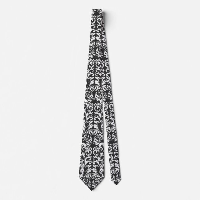 Black White Damask Lace Brocade Neck Tie (Front)