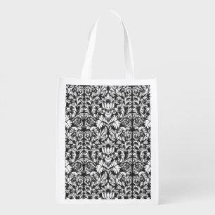 Black White Damask Lace Brocade Reusable Grocery Bag