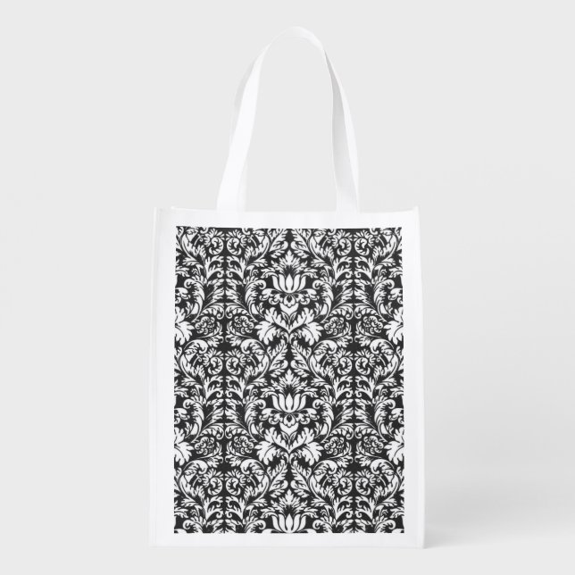 Black White Damask Lace Brocade Reusable Grocery Bag (Back)