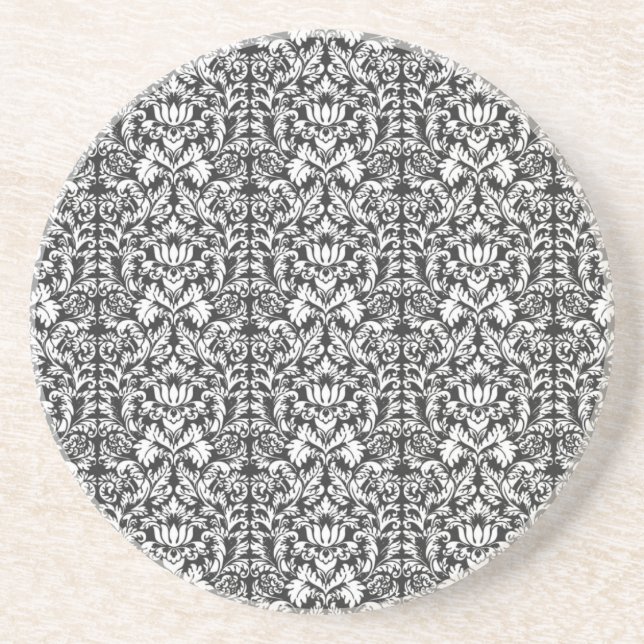 Black White Damask Lace Brocade Sandstone Coaster (Front)